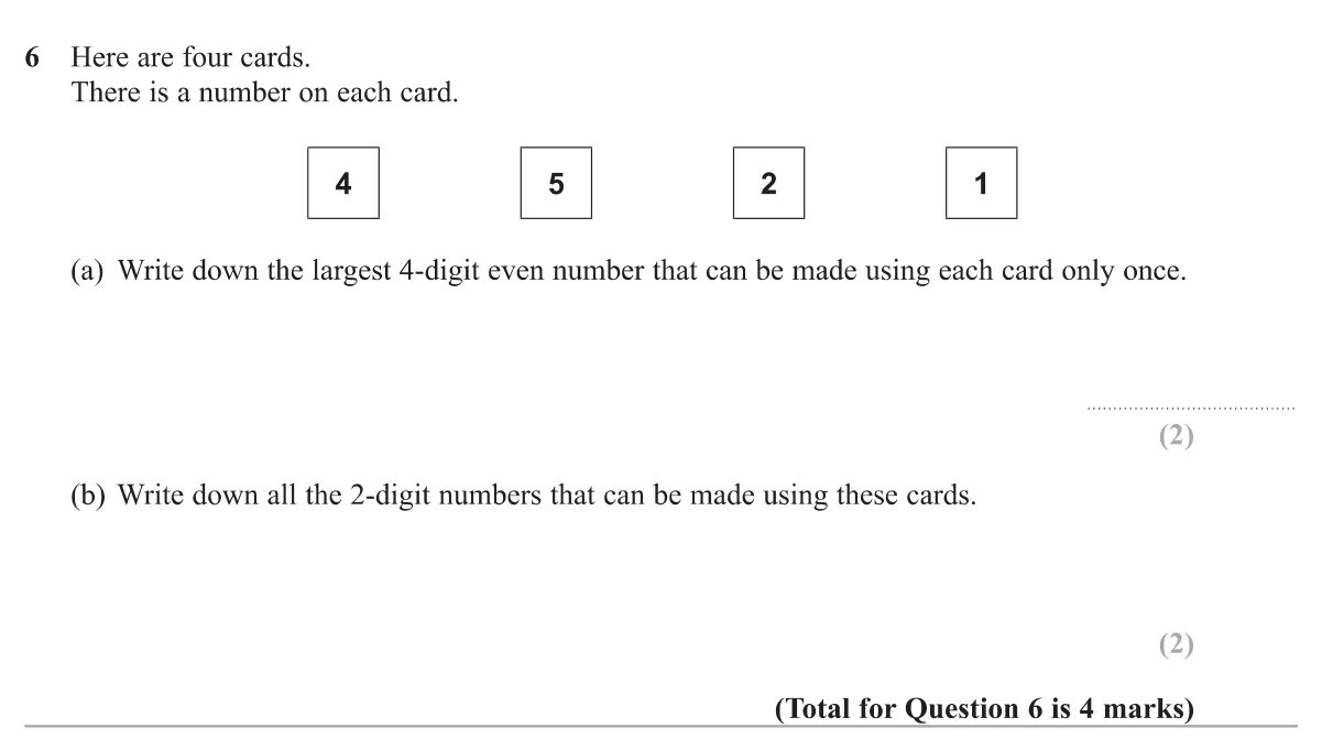 Use four digit cards to make the largest even 4-digit number, then list every 2-digit number the cards can make.