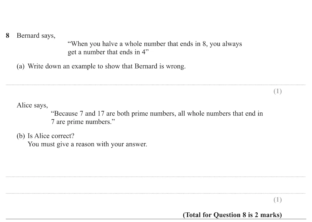 Give a counter-example to one claim about halving numbers ending in 8, and decide whether all numbers ending in 7 are prime.