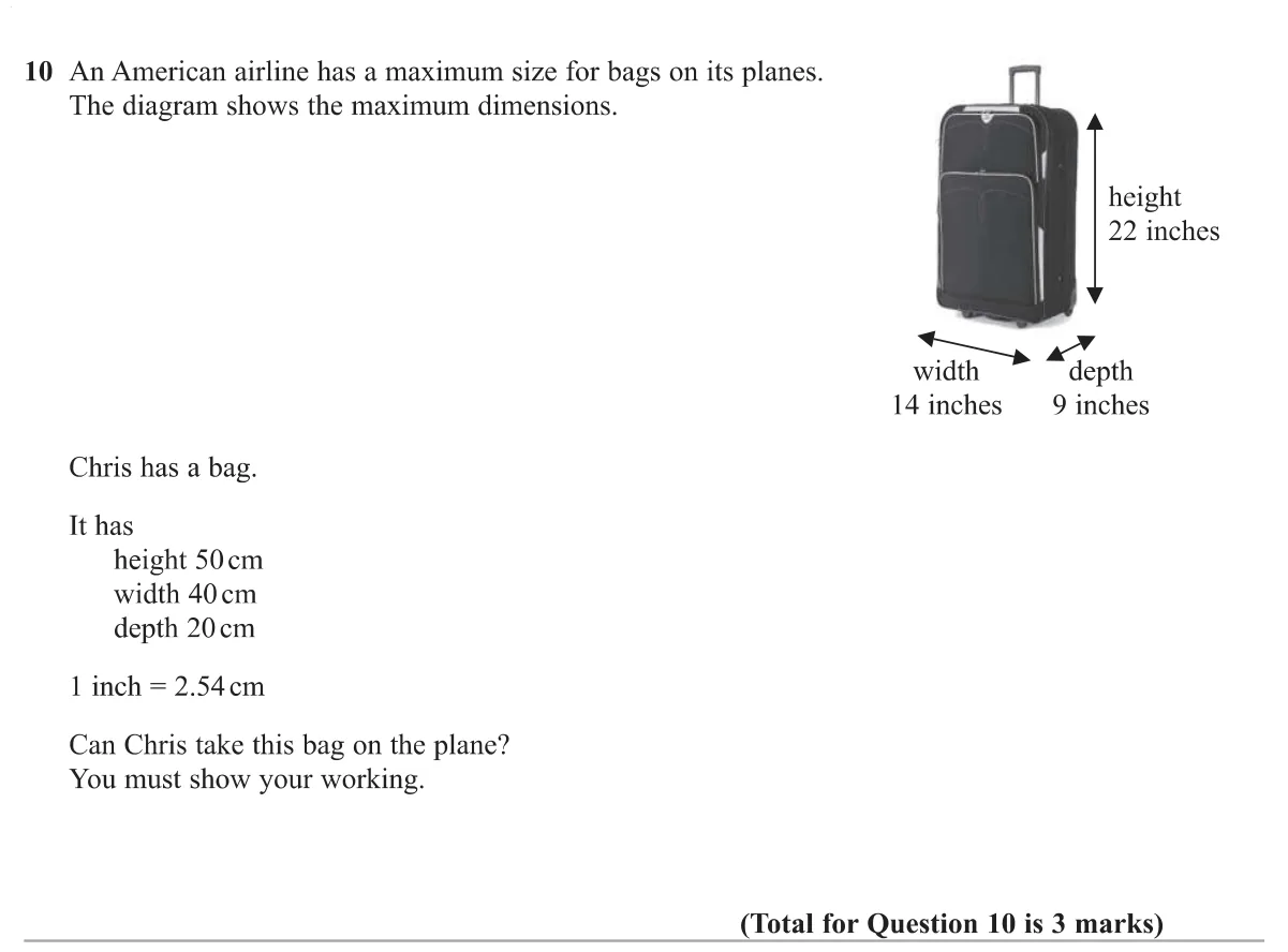 Convert airline bag limits from inches to centimetres and decide whether a given bag is allowed.