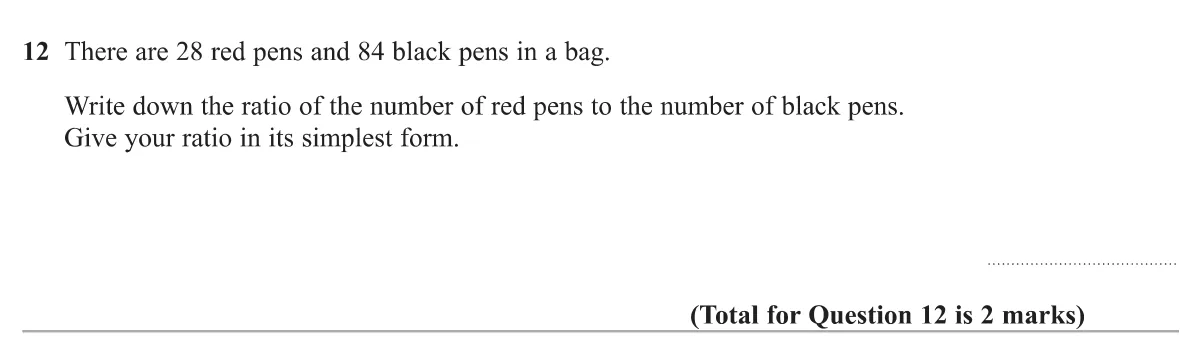 Write the ratio of red to black pens in its simplest form.