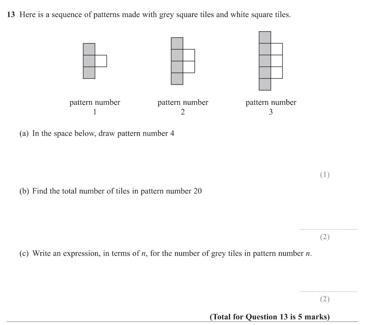 Continue a tile pattern, find the total tiles in the 20th pattern and write an expression for the grey tiles.