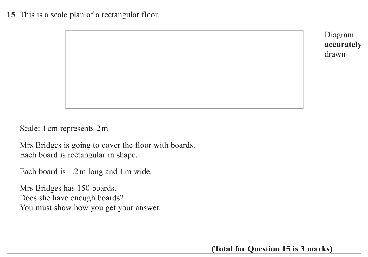 Use a scale plan to find the real size of a floor and decide whether 150 boards are enough to cover it.