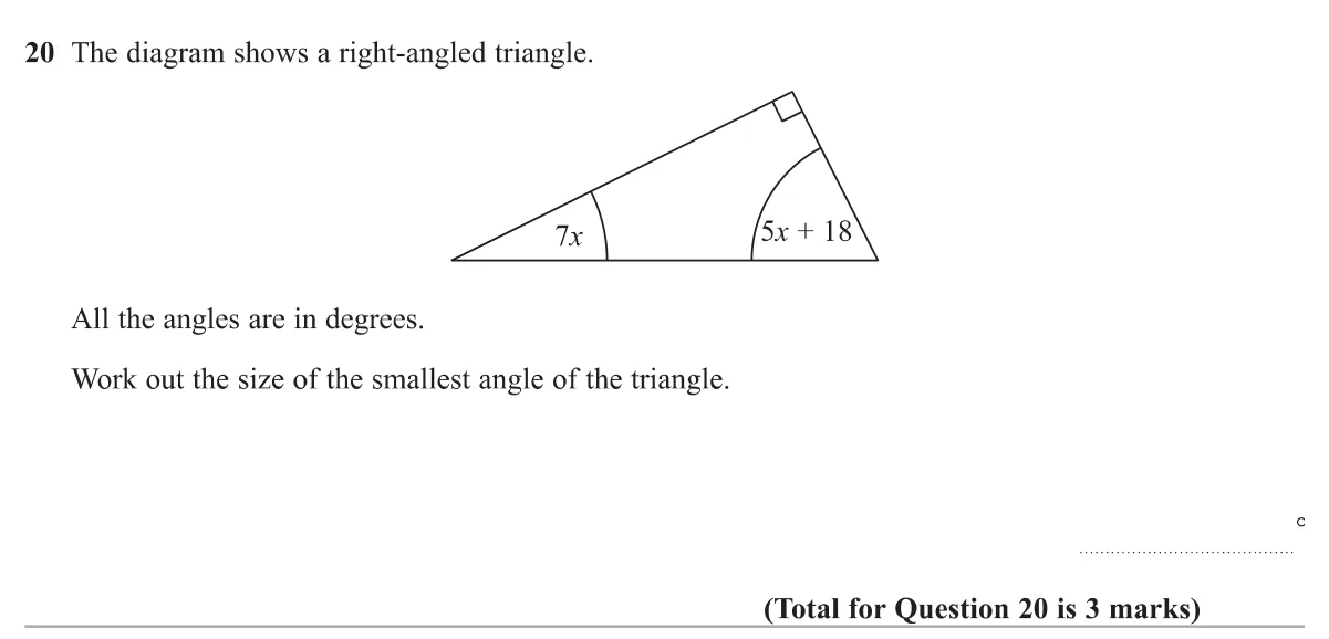 Form and solve an equation from the angles in a right-angled triangle, then find the smallest angle.