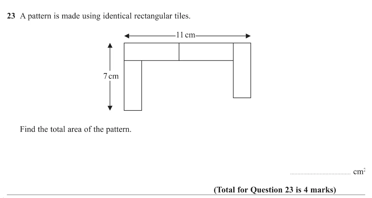 Work out the size of identical rectangular tiles from the pattern's overall lengths, then find the total area.