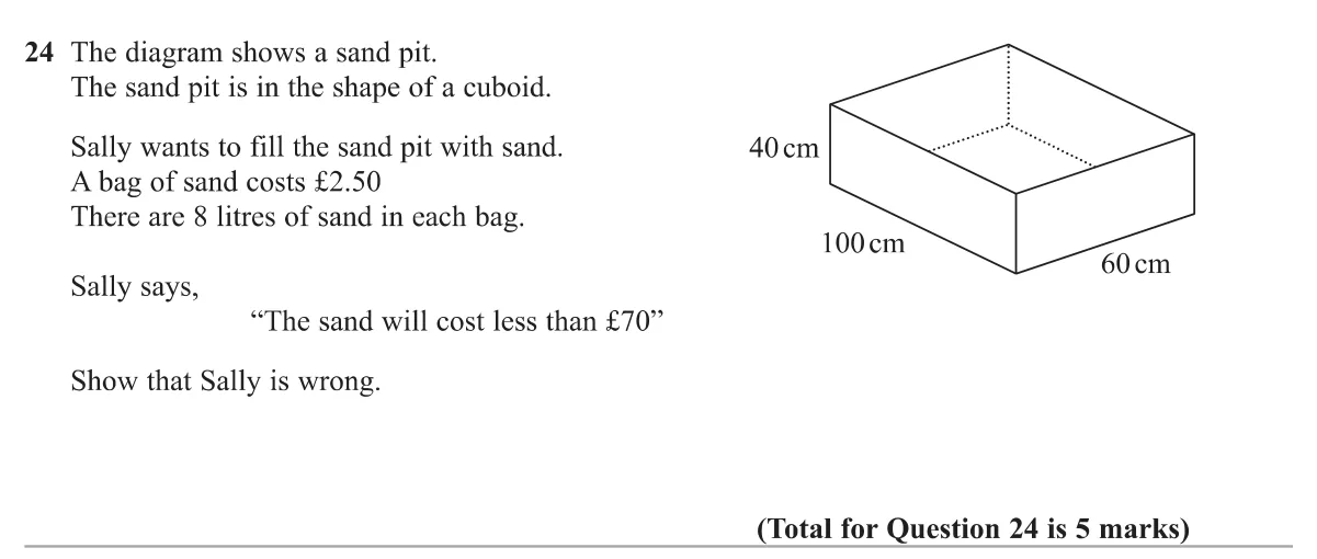 Find the volume of a cuboid sand pit, convert to litres and show that the sand costs more than a stated amount.