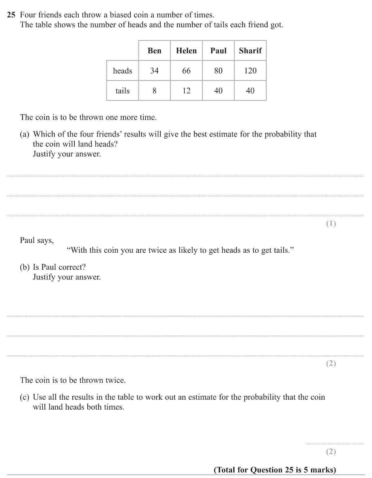 Judge which set of coin results gives the best probability estimate, test a claim about heads and tails, and estimate the chance of two heads.