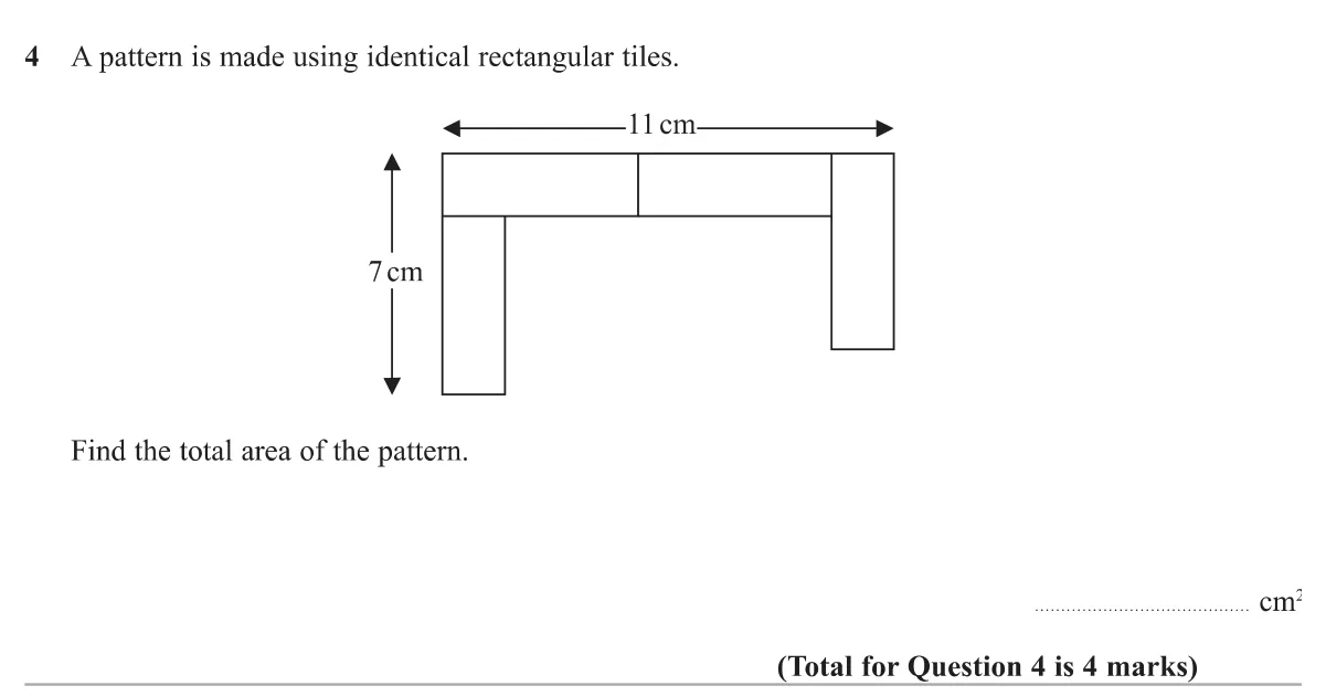Work out the size of identical rectangular tiles from the overall dimensions of a pattern and find the total area.