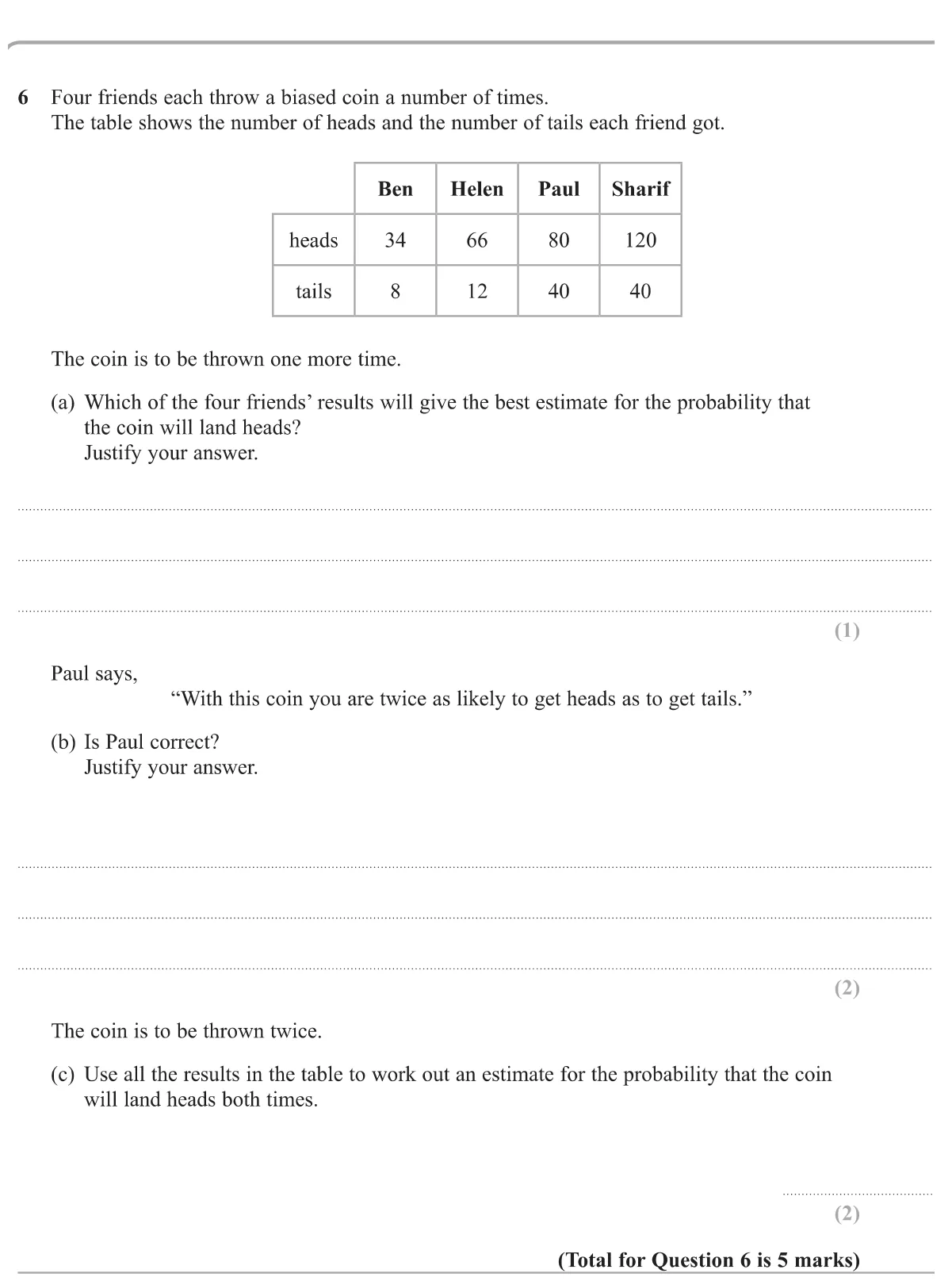 Choose the most reliable set of coin results, test a claim about heads being twice as likely, and estimate the probability of two heads.