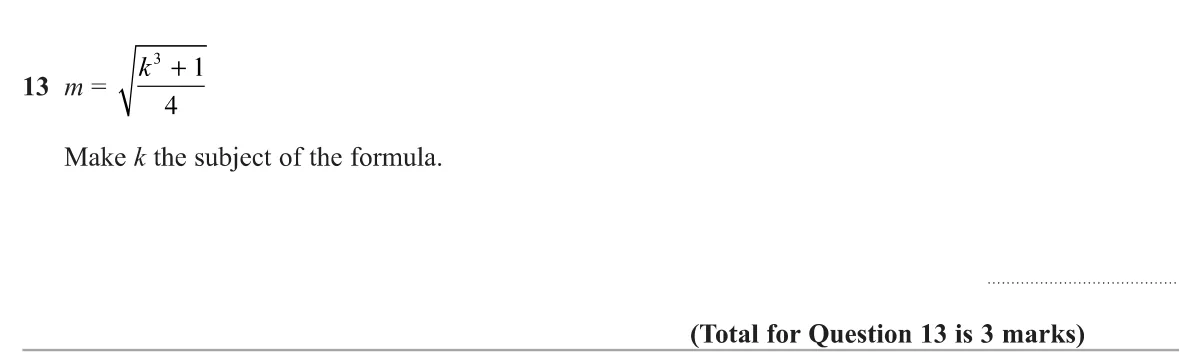 Rearrange a formula involving a square root and a cube to make k the subject.