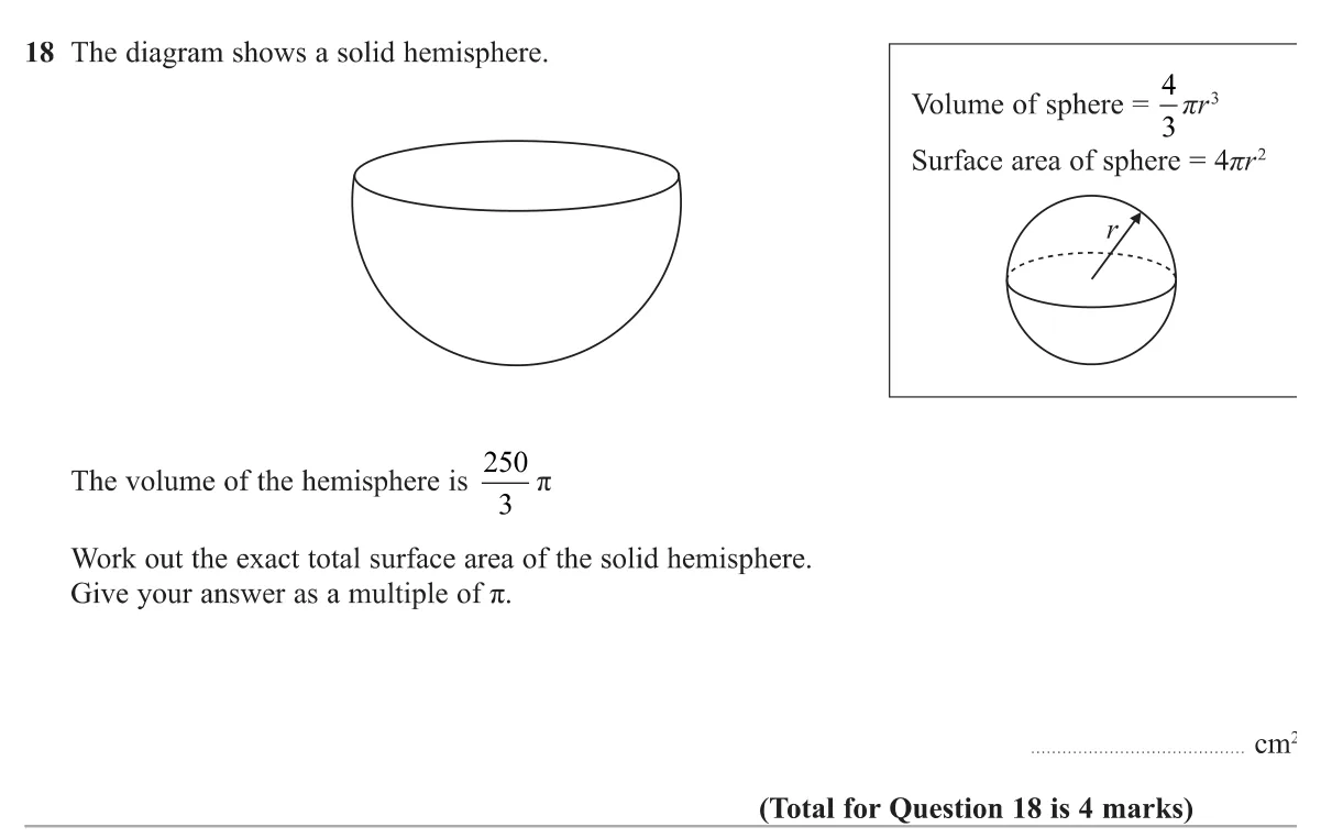 Find the radius of a hemisphere from its volume, then its exact total surface area including the flat face.