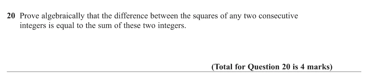 Prove algebraically that the difference of the squares of two consecutive integers equals their sum.