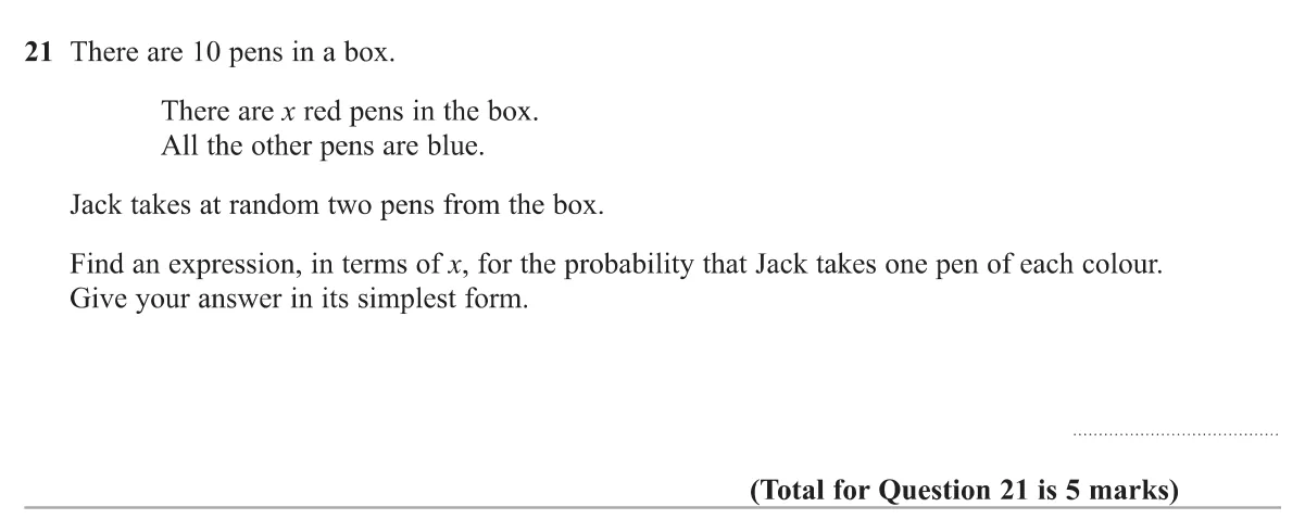 Find an algebraic expression for the probability of picking one pen of each colour without replacement.