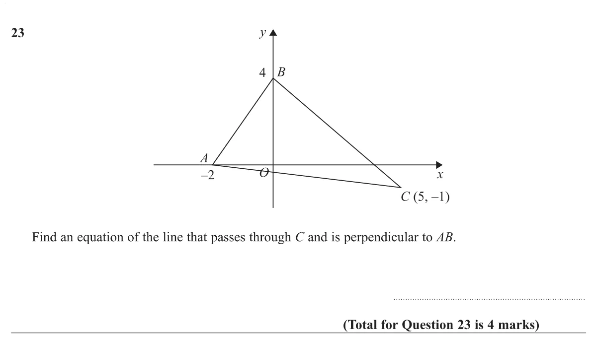 Find the equation of a line through a given point perpendicular to a line joining two axis intercepts.