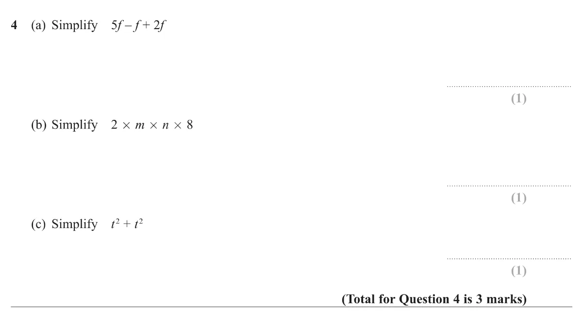 Simplify three short algebraic expressions by collecting like terms and multiplying.