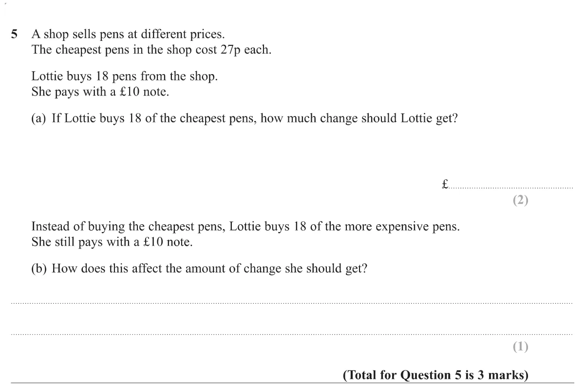 Find the change from £10 after buying 18 pens at 27p, then say how buying dearer pens changes it.