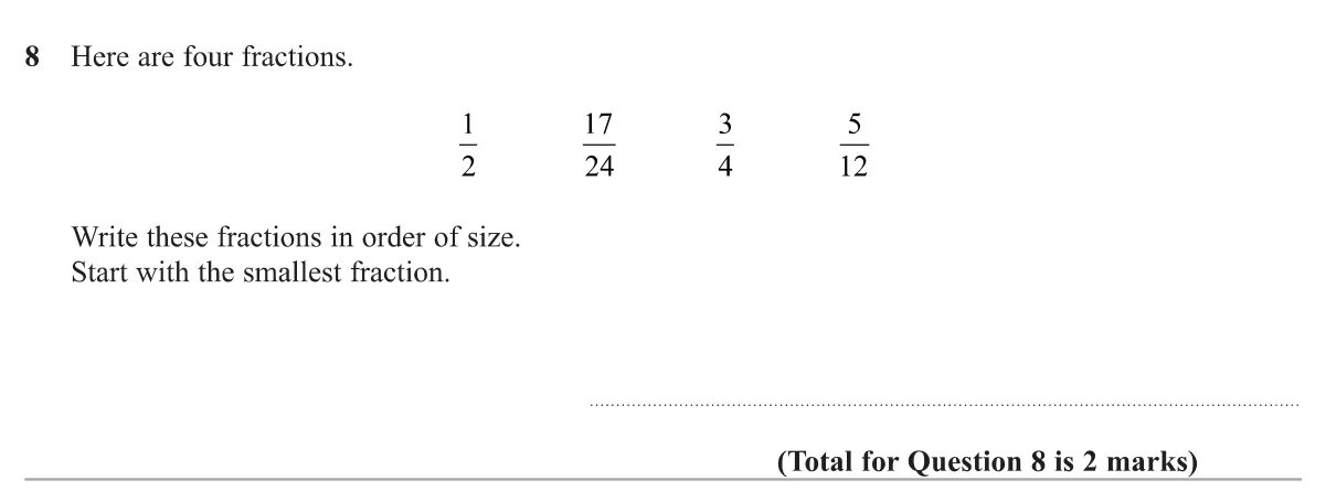 Put four fractions with different denominators in order from smallest.