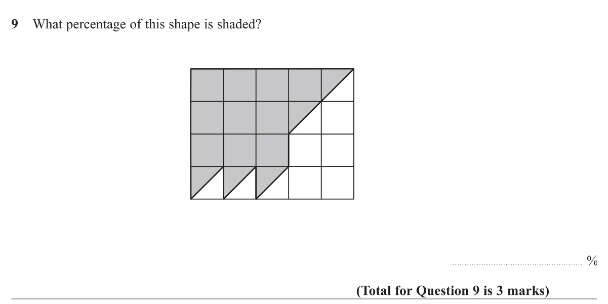 Count full and half squares on a grid to give the shaded fraction as a percentage.