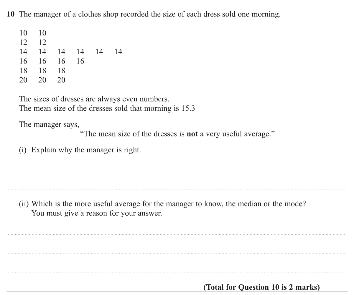 Explain why the mean dress size is unhelpful and choose between median and mode with a reason.
