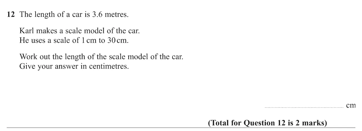Use a model scale to find a model's length in centimetres from a length in metres.