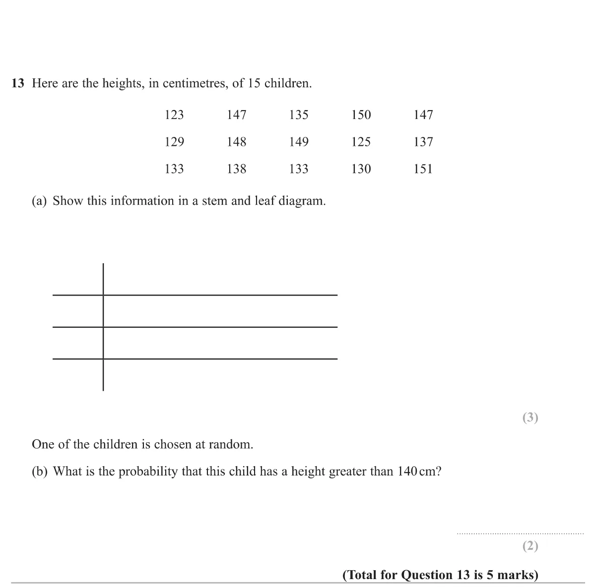 Draw an ordered stem-and-leaf diagram for 15 heights and find a probability from it.