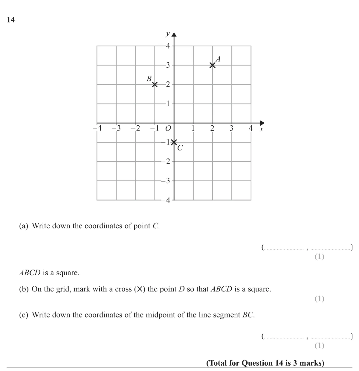 Read coordinates, complete a square on a grid and find a midpoint.