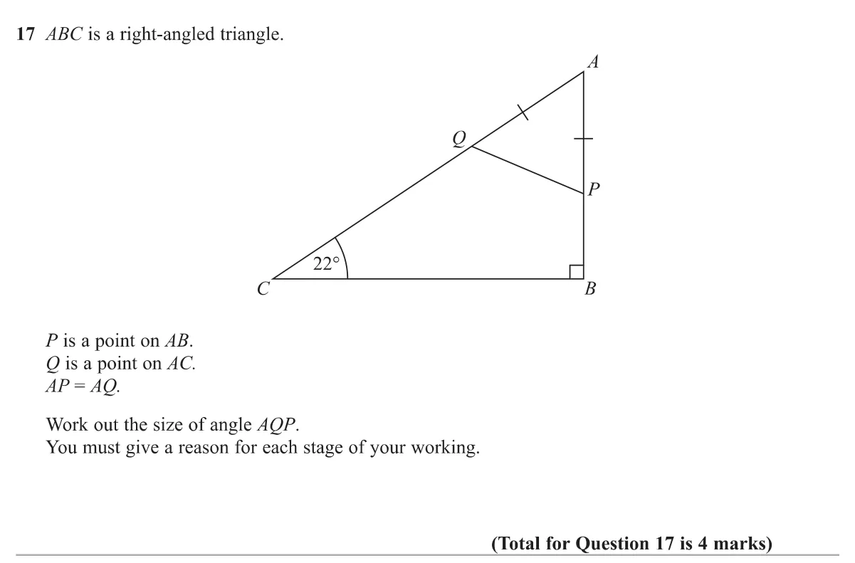 Use angle facts in a right-angled triangle and an isosceles triangle to find an angle, with reasons.