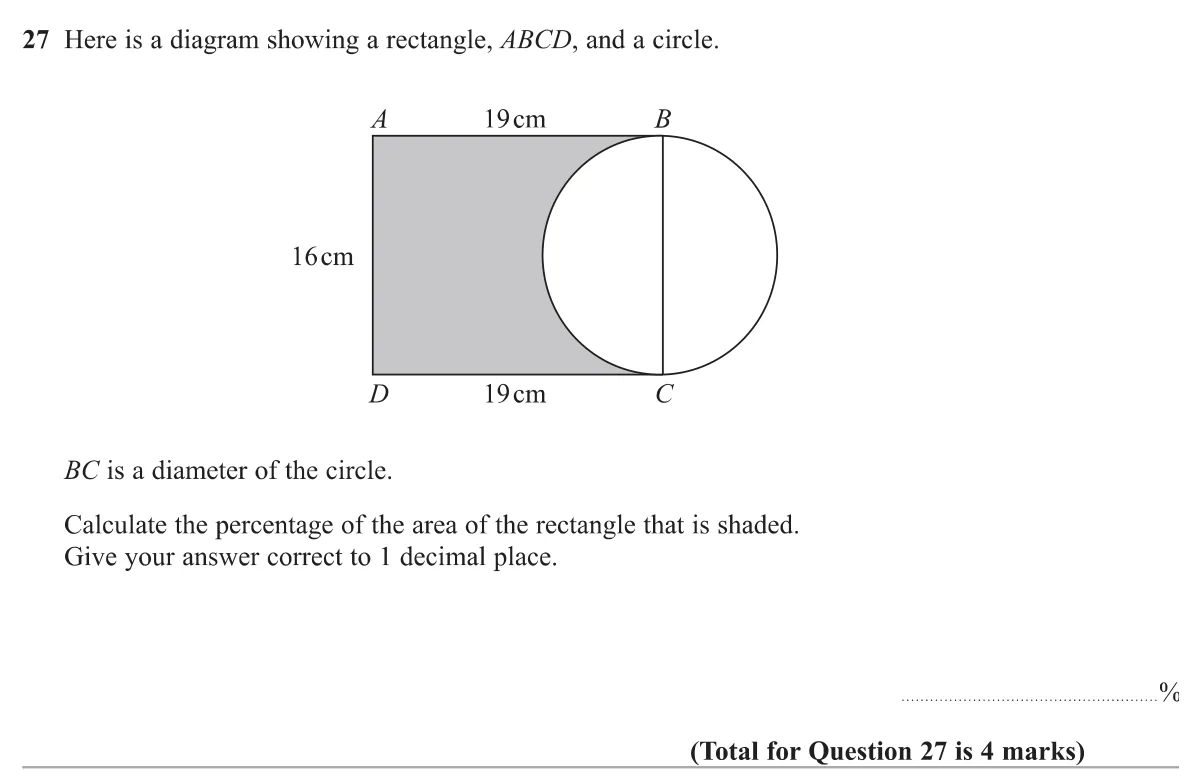 Find what percentage of a rectangle is shaded when a semicircle is cut from it.