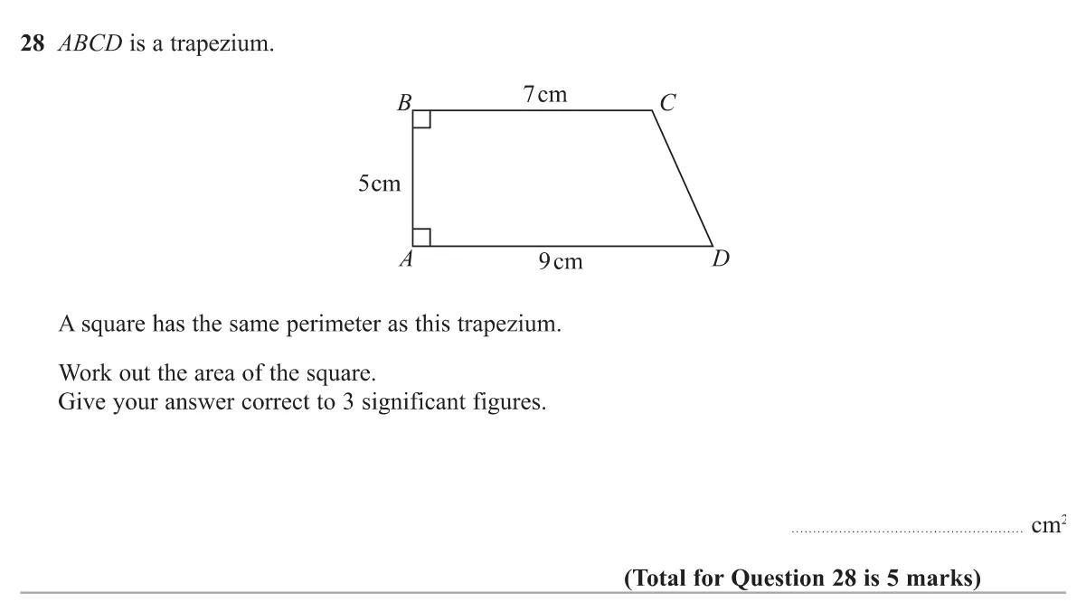 Use Pythagoras to find a slanted side of a trapezium, then find the area of a square with the same perimeter.