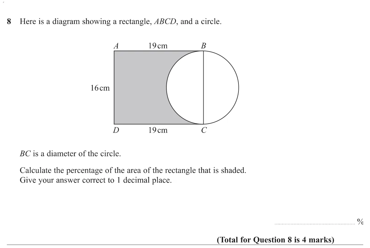 Work out what percentage of a rectangle is shaded when a semicircle is cut out of it.