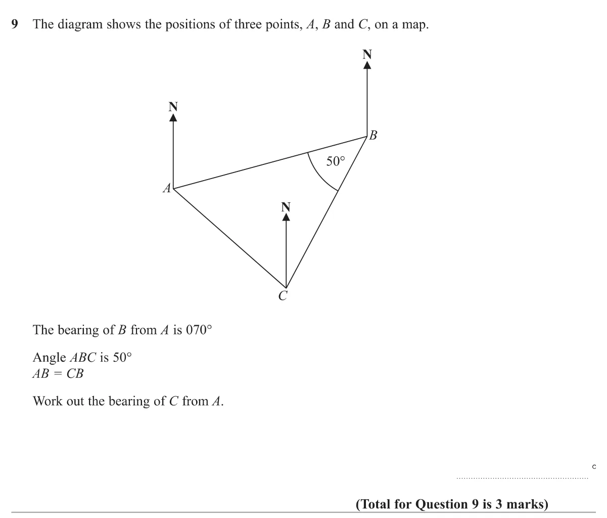 Use an isosceles triangle and a given bearing to find the bearing of one point from another.