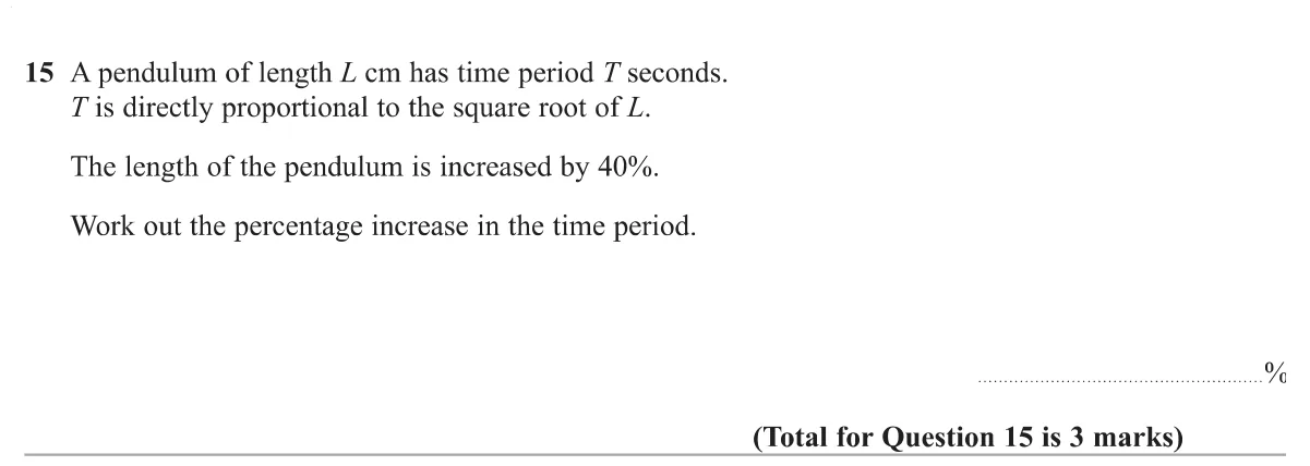 Find the percentage increase in a pendulum's period when its length goes up by 40% and the period varies as the square root of length.