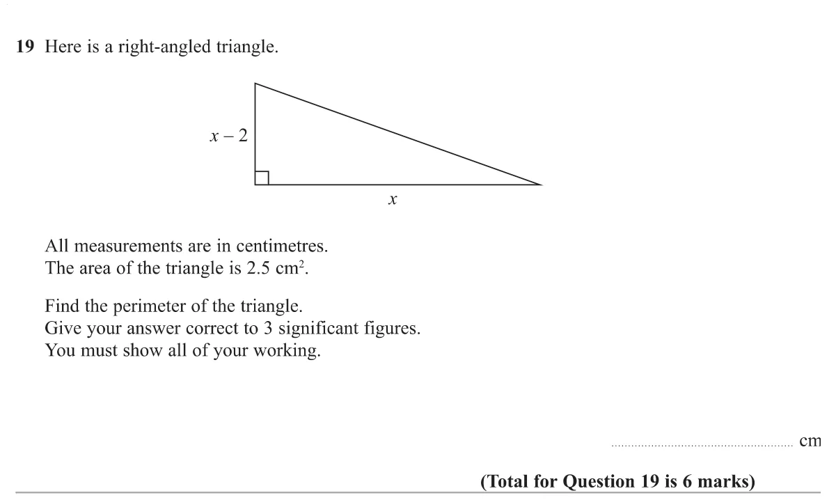 Form and solve a quadratic from the area of a right-angled triangle, then use Pythagoras to find its perimeter.