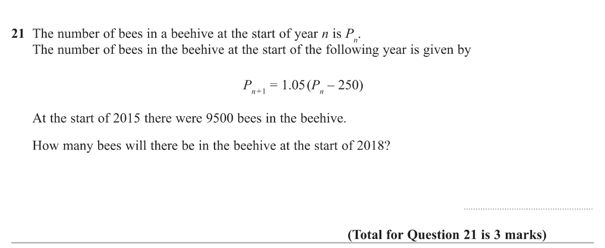 Apply a recurrence formula three times to find the bee population three years later.