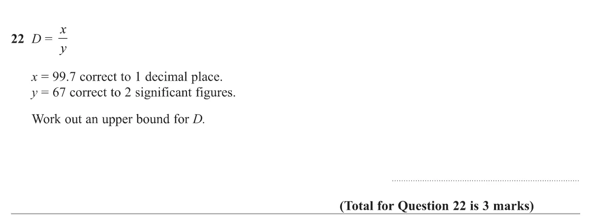 Use upper and lower bounds of two measured values to find the upper bound of their quotient.