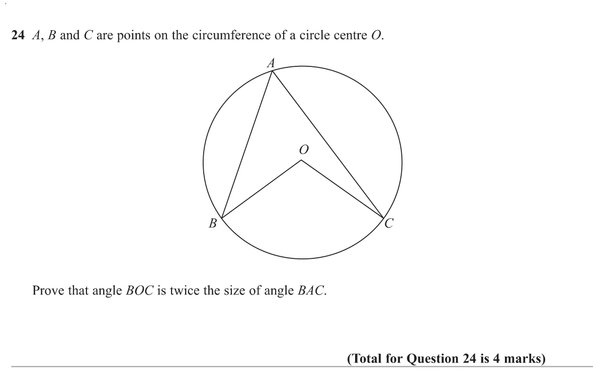 Prove that the angle at the centre of a circle is twice the angle at the circumference.