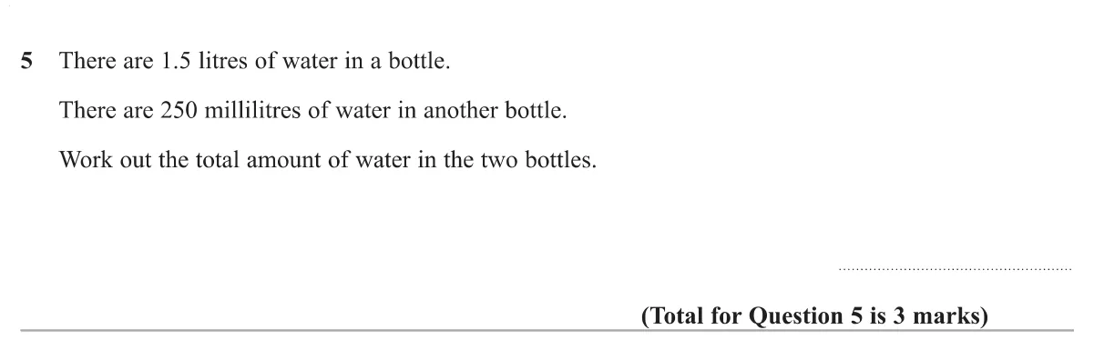 Add a volume in litres to a volume in millilitres and give the total with units.