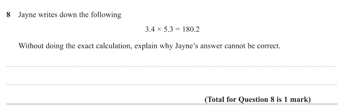 Explain, using an estimate, why a given product of two decimals is wrong.