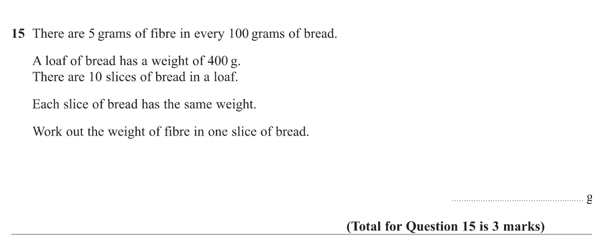 Find the mass of fibre in one slice of bread given the fibre per 100 g, the loaf mass and number of slices.