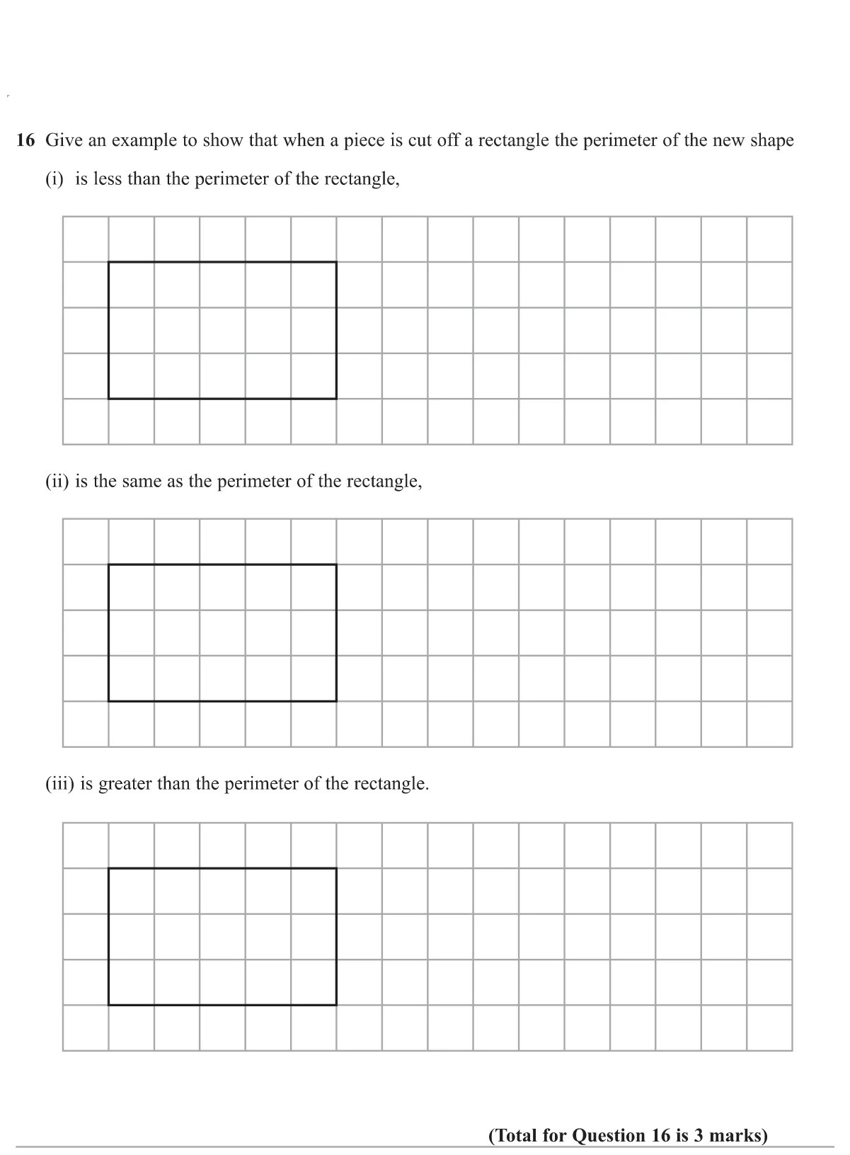 Draw examples showing that cutting a piece off a rectangle can decrease, keep or increase the perimeter.