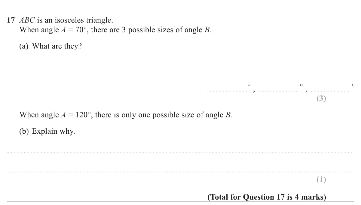 Find the three possible base or apex angles of an isosceles triangle with one 70° angle, and explain why a 120° angle gives only one option.