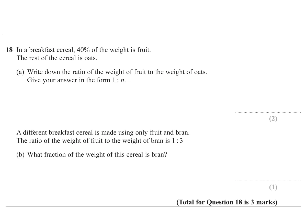 Write a fruit-to-oats ratio in the form 1 : n from a percentage, then turn a ratio into a fraction.