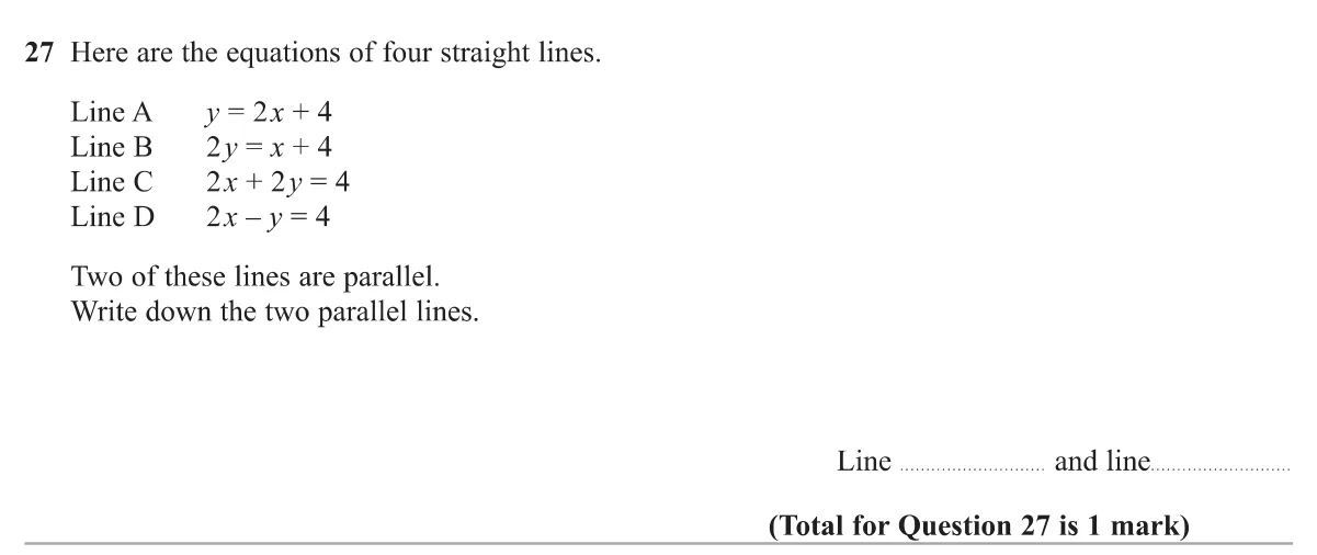 Identify which two of four straight-line equations are parallel.