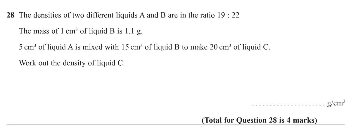 Use a ratio of densities and a known density to find the density of a mixture of two liquids.