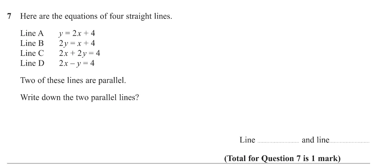 Pick out the two parallel lines from four linear equations.