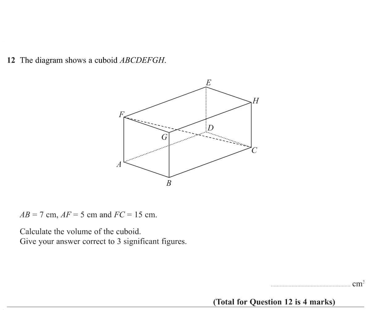 Use the space diagonal of a cuboid with 3D Pythagoras to find the missing edge, then the volume.