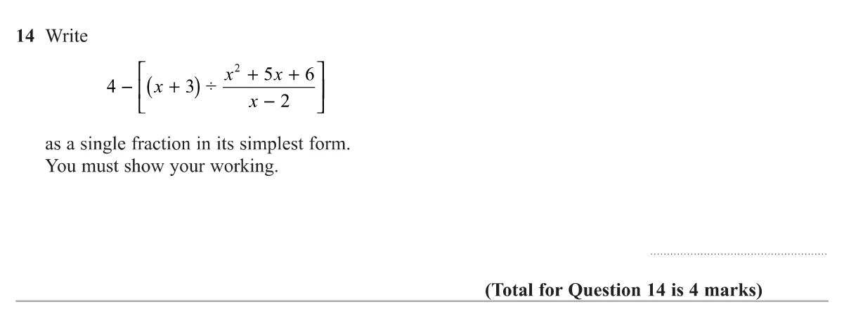 Simplify an expression involving division by an algebraic fraction and subtraction from 4, giving one fraction in simplest form.