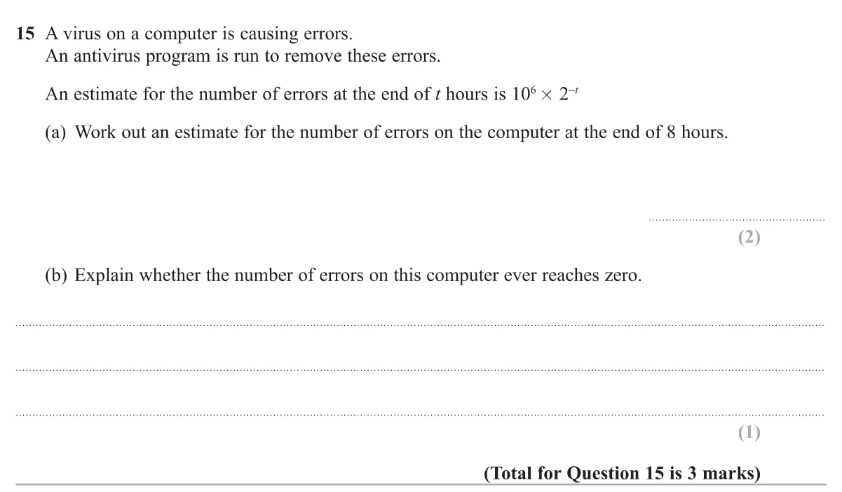 Evaluate an exponential decay model for the number of computer errors after 8 hours and explain whether it ever reaches zero.