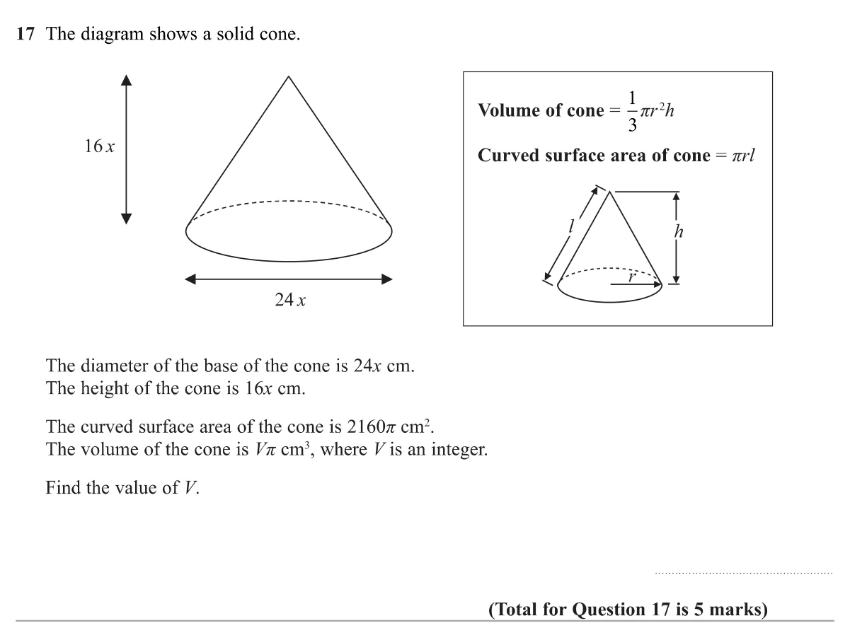 Use the curved surface area of a cone given in terms of x to find x, then the volume as a multiple of π.