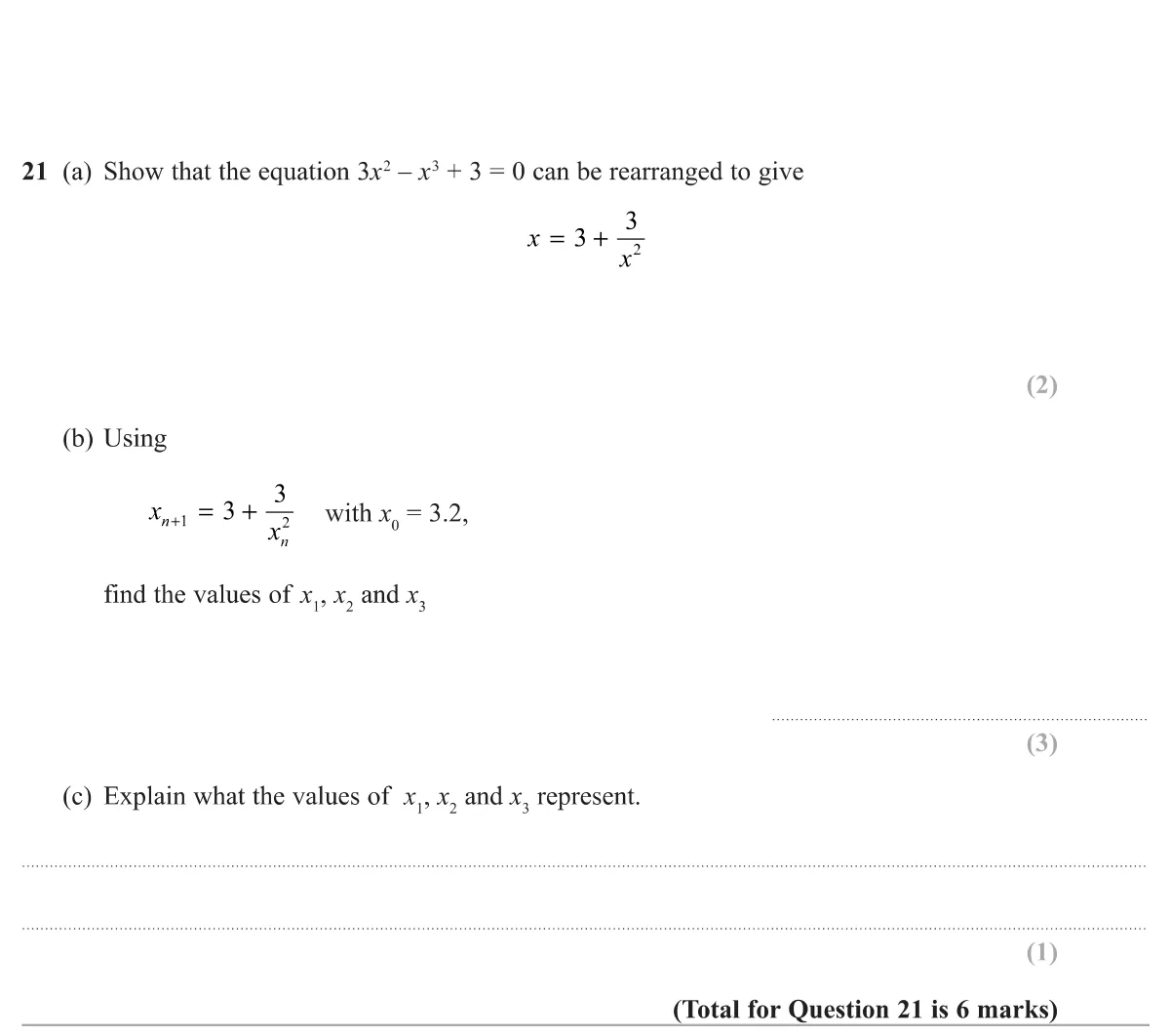 Rearrange a cubic equation into an iterative formula, carry out three iterations from a given start value, and say what the results mean.
