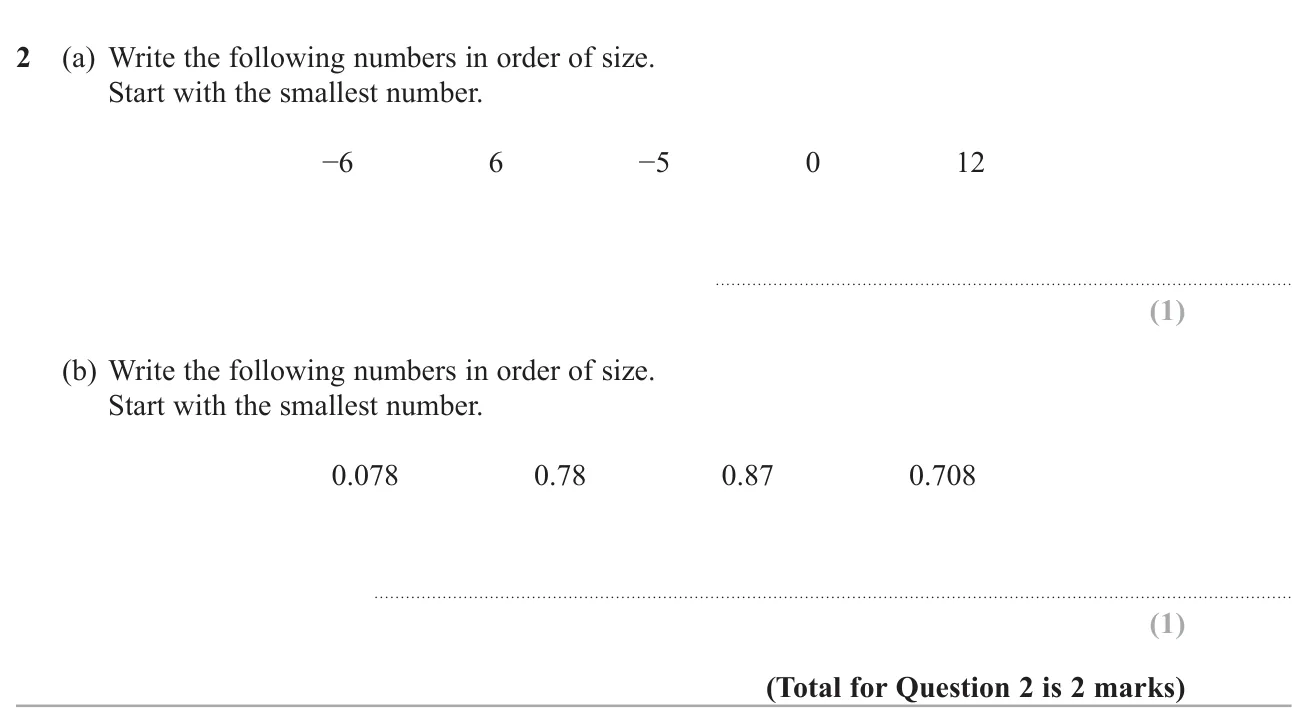 Put a set of positive and negative integers, then a set of decimals, in ascending order.